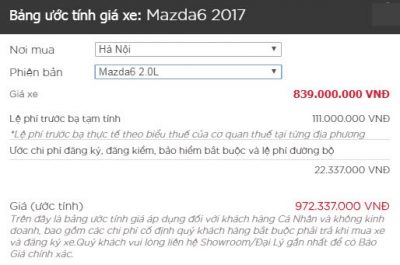 Bảng giá xe Mazda 6 2018 lăn bánh tại Hà Nội kèm các mức phí liên quan