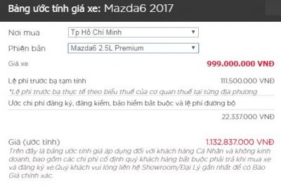 Cách tính giá xe Mazda 6 2018 lăn bánh tại TP. HCM cập nhật mới nhất
